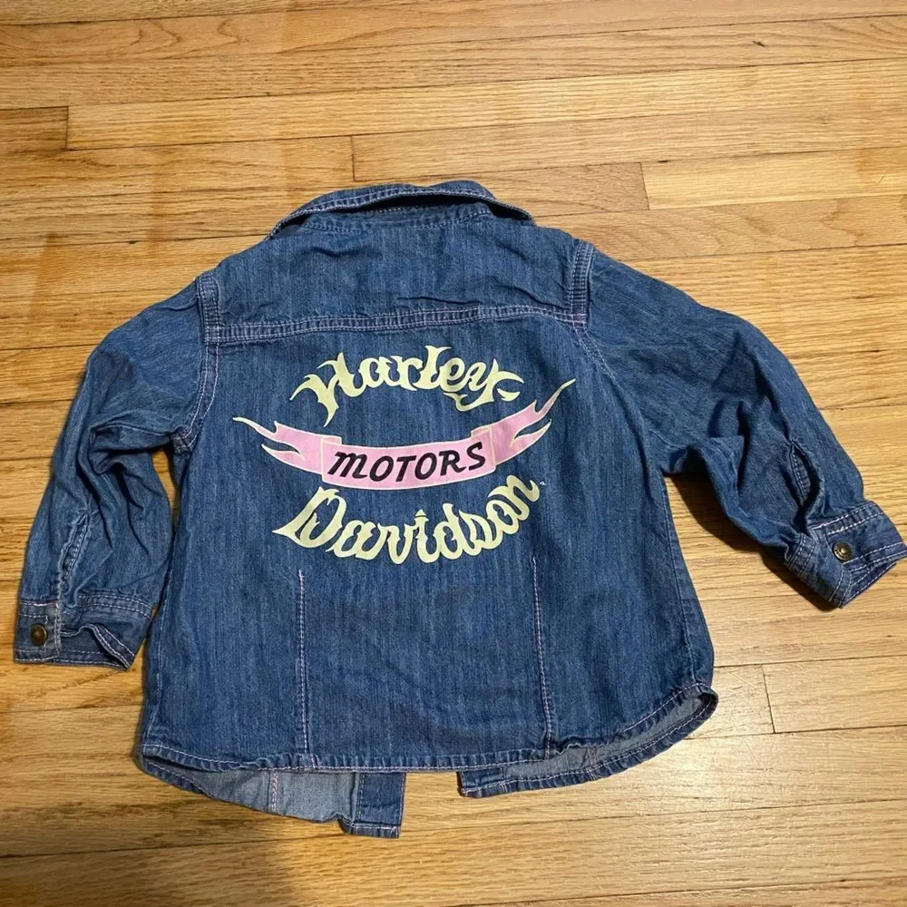 Harley Davidson Girls' Toddler 2T Denim Jacket with Pink Accents Button Down